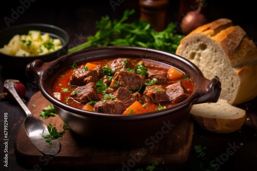 A hearty bowl of traditional Irish stew, brimming with tender chunks of lamb, carrots, potatoes, and onions, simmered to perfection and served with a side of fresh, crusty bread