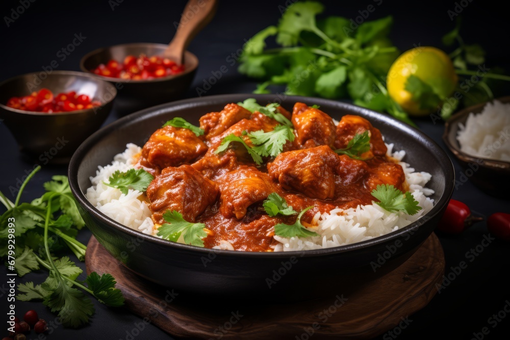 A vibrant, spicy, and aromatic bowl of Vindaloo curry, traditionally cooked with pork and served with steamed rice, garnished with fresh coriander leaves and lemon wedges