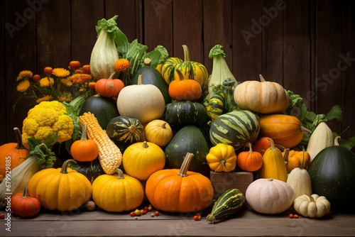 A colorful assortment of winter squash varieties freshly harvested and arranged on a rustic wooden table against a backdrop of autumn leaves