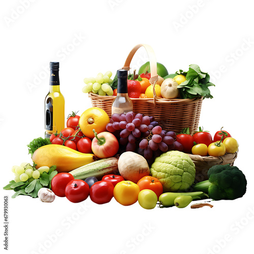 Fresh fruits and vegetables in a basket isolated on white background