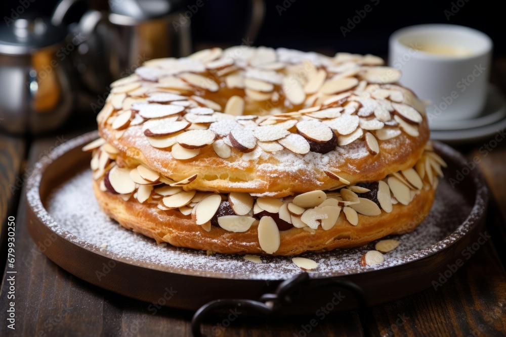 A close-up shot of a freshly baked Paris-Brest pastry, topped with powdered sugar and almond slices, served on a rustic wooden table in a quaint French bakery