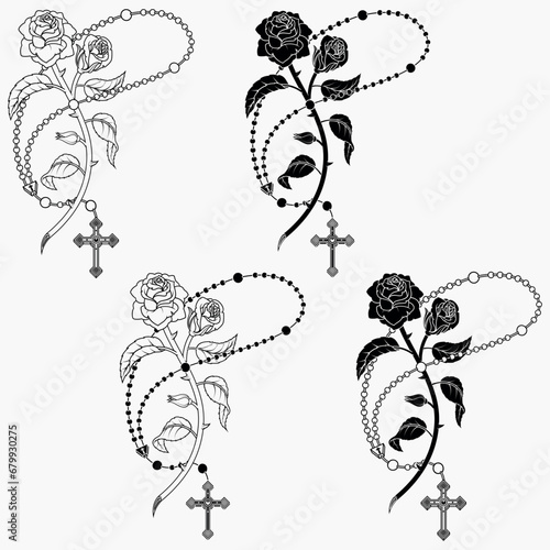 Catholic rosary with roses and petals