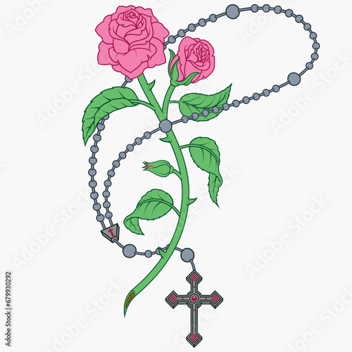 Catholic rosary with roses and petals
