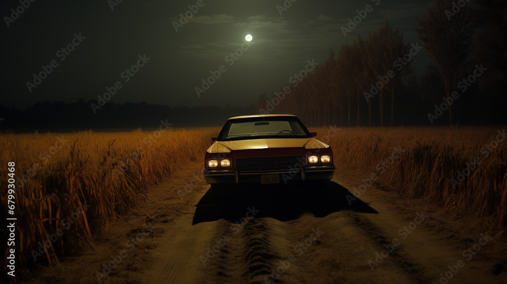 Retro old car on field road at night Retro old car on field road at night