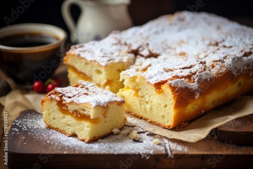 A deliciously golden Butterkuchen, fresh from the oven, sitting on a rustic wooden table, dusted with powdered sugar and ready to be served with a cup of hot coffee