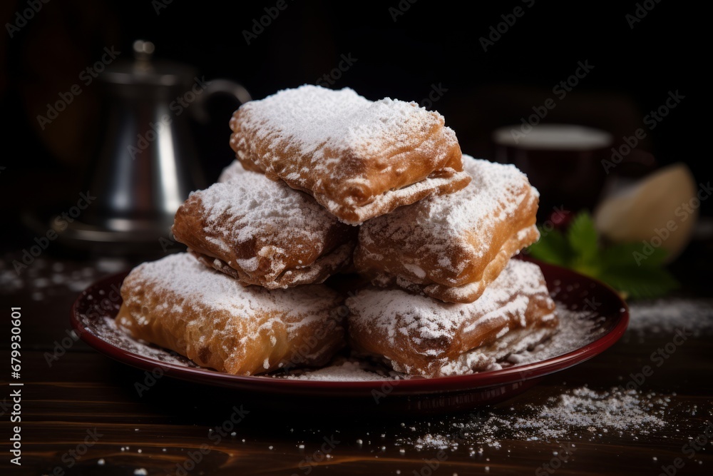 A close-up shot of the traditional Serbian dessert, Ruske Kape, beautifully arranged on a rustic wooden table, garnished with a dusting of powdered sugar and cocoa