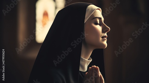 Faithful young Catholic nun praying in catholic church. Close-up photo. photo