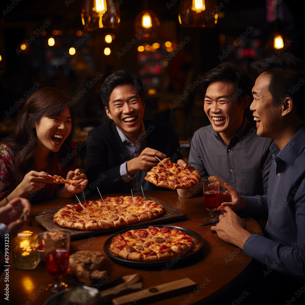 group of people eat pizza in the restaurant 