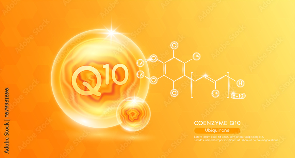 Coenzyme Q10 essential supplement to the health body. Orange vitamins complex and chemical formula structure. Minerals collagen serum. Beauty nutrition skin care design or cosmetic. 3D vector.