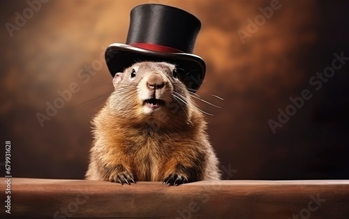 Cute fluffy friendly smiling groundhog wearing a black top hat, holding onto the wooden surface, isolated on brown background. Happy groundhog day banner or poster. Copy space. AI Generative photo