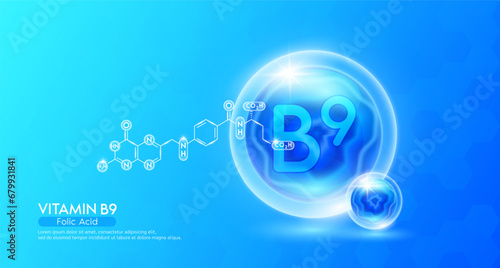 Vitamin B9 supplement to the health body. Blue vitamins complex and chemical formula structure. Minerals collagen serum. Beauty nutrition skin care design or cosmetic. Vector.
