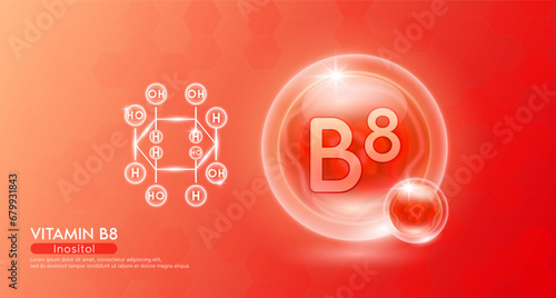 Vitamin B8 essential supplement to the health body. Red vitamins complex and chemical formula structure. Minerals collagen serum. Beauty nutrition skin care design or cosmetic. 3D vector.