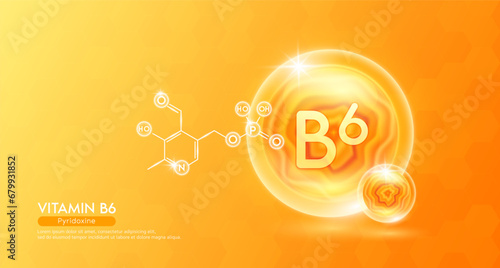 Vitamin B6 essential supplement to the health body. Orange vitamins complex and chemical formula structure. Minerals collagen serum. Beauty nutrition skin care design or cosmetic. 3D vector.