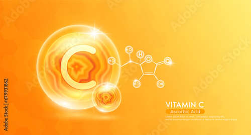 Vitamin C essential supplement to the health body. Orange vitamins complex and chemical formula structure. Minerals collagen serum. Beauty nutrition skin care design or cosmetic. 3D vector.