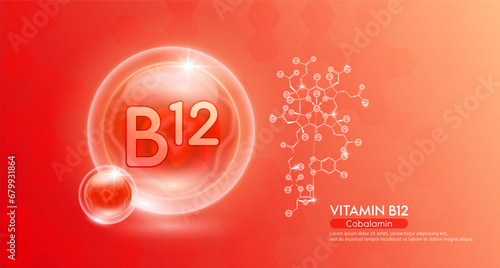 Vitamin B12 essential supplement to the health body. Red vitamins complex and chemical formula structure. Minerals collagen serum. Beauty nutrition skin care design or cosmetic. 3D vector.
