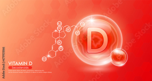 Vitamin D essential supplement to the health body. Red vitamins complex and chemical formula structure. Minerals collagen serum. Beauty nutrition skin care design or cosmetic. 3D vector.