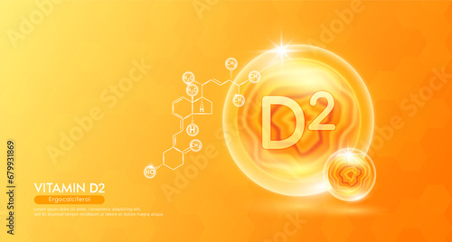 Vitamin D2 essential supplement to the health body. Orange vitamins complex and chemical formula structure. Minerals collagen serum. Beauty nutrition skin care design or cosmetic. 3D vector.