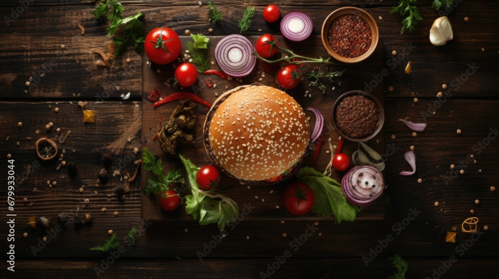 Burger and Ingredients on a Wooden Table Food Photography