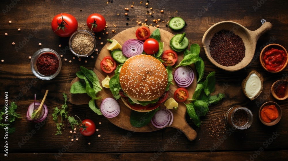 Burger and Ingredients on a Wooden Table Food Photography