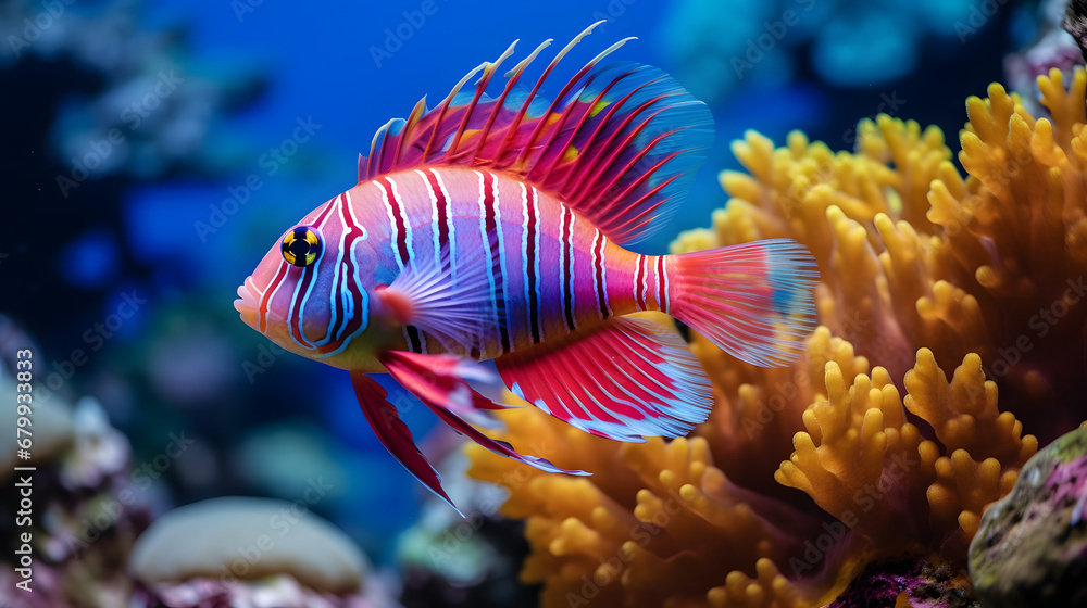 The tropical fish in the coral reef danced gracefully through the water, showcasing a stunning array of colors that rivalled even the most vibrant tropical flowers. - obrazy, fototapety, plakaty 
