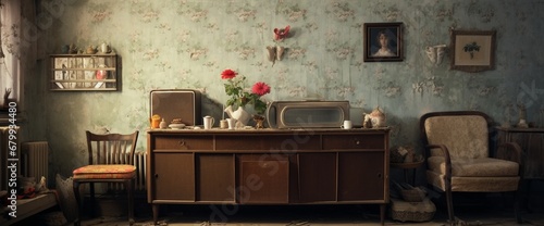 Example of Old Soviet Russian poor interior in Khruschev House. Aged sideboard, table, chairs, sofa. Shabby floor. Tattered wallpaper on the wall. Paper butterflies as decor. Apartment of pensioners. photo