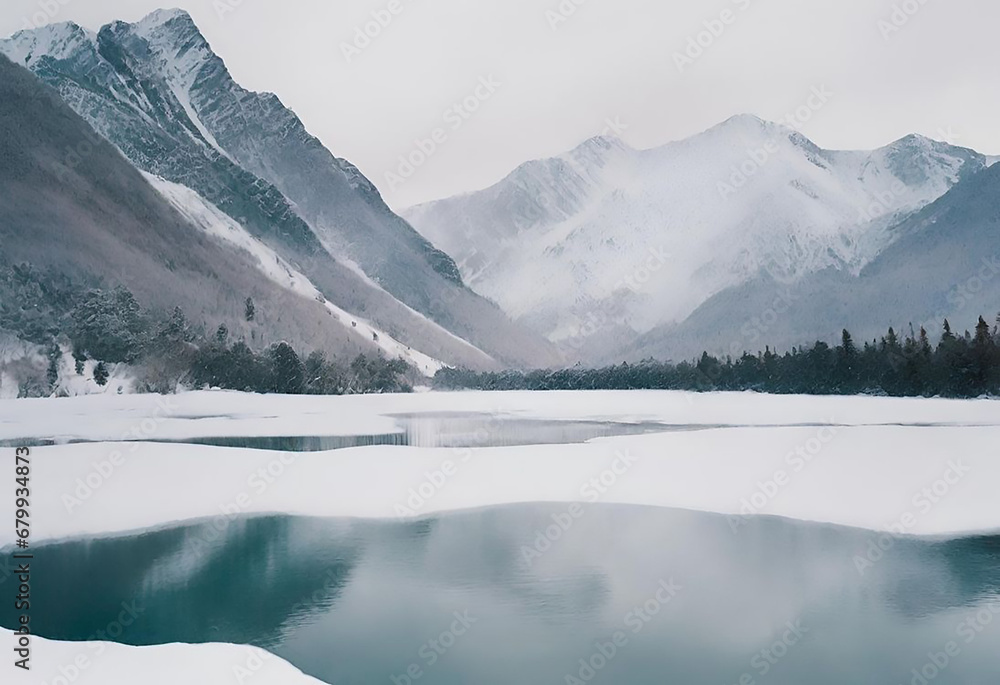 Landscape of snow mountain and lake in winter season.