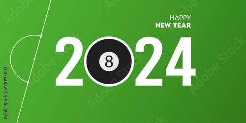 Creative 2024 happy new year celebration greeting card and social media post or banner design template in snooker, pool, or billiard concept. 