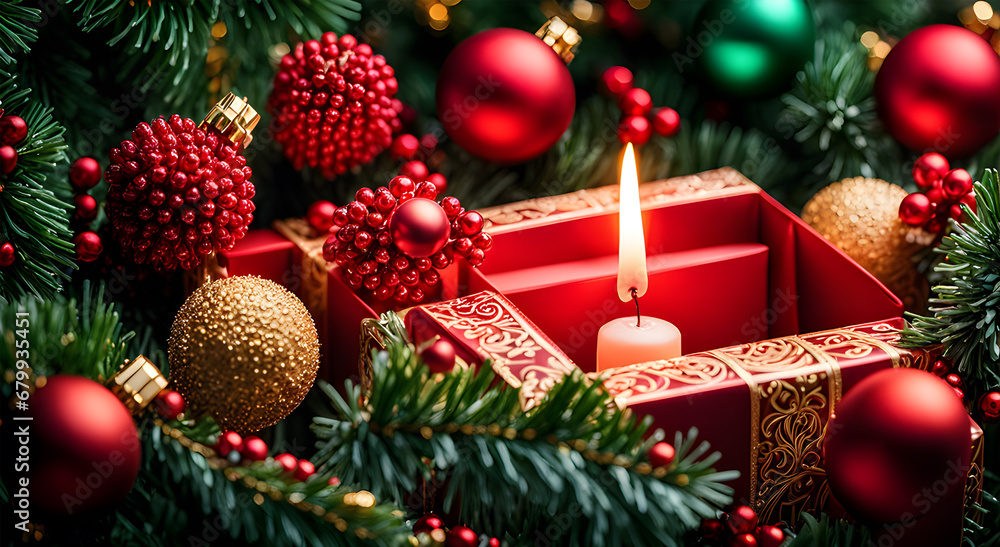 Christmas decoration with gift box and baubles on bokeh background