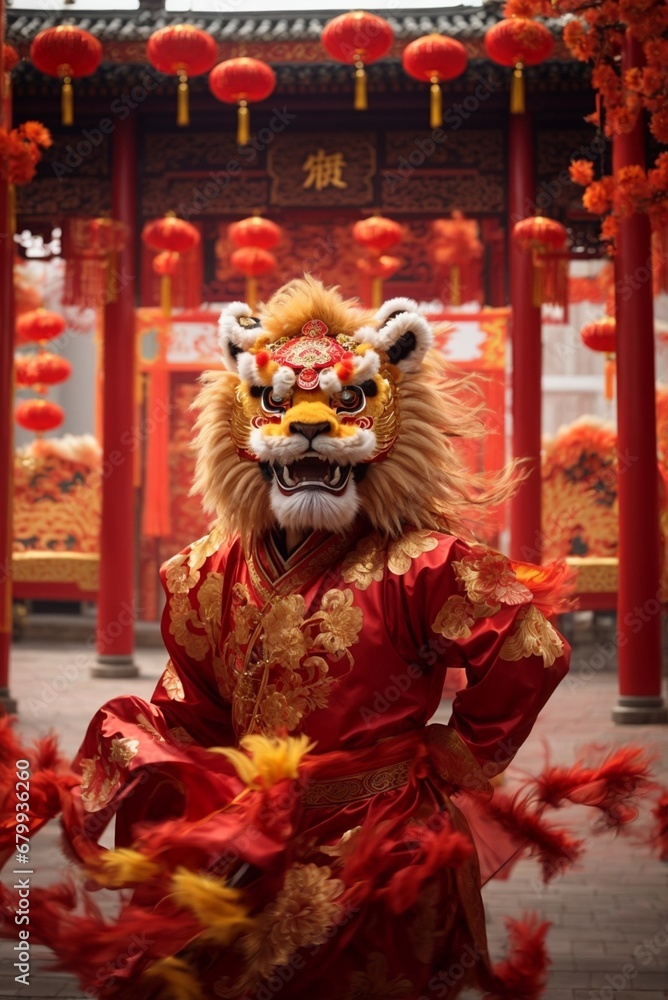 Chinese traditional lion dance performance in the Forbidden City.