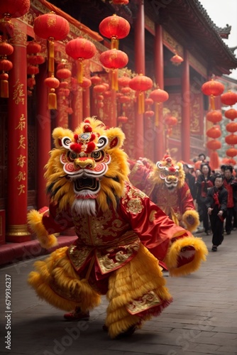 Chinese traditional lion dance performance in the Forbidden City.