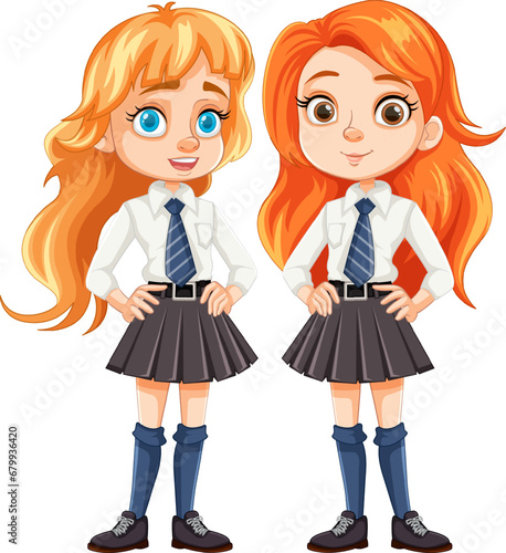 Two Cute Female Friends in School Uniform