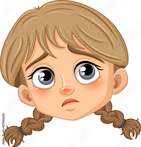Sad Girl with Braids: A Vector Cartoon Illustration
