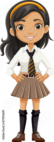 Smiling Cartoon Character: Beautiful Girl Student in School Uniform