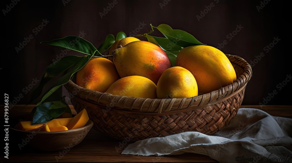 Close-up Fresh Mango fruits in a bamboo basket with blurred background Close-up Fresh Mango fruits in a bamboo basket with blurred background