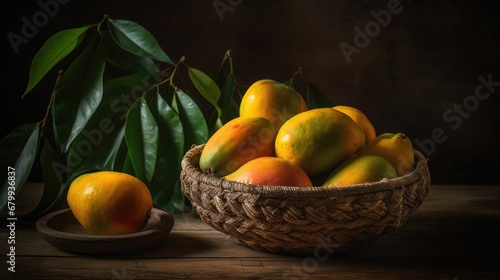Close-up Fresh Mango fruits in a bamboo basket with blurred background