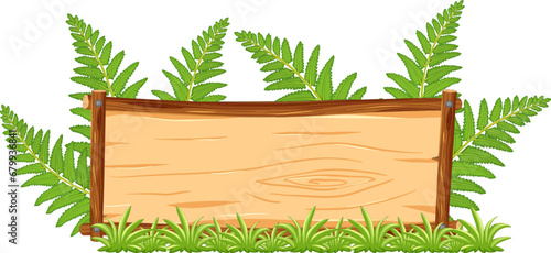 Fern Plants Surrounding Wooden Banner in Vector Illustration