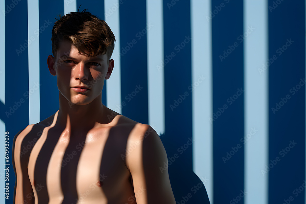 Young Man Amidst Shadows in Grid Patterns - Tailor-Made for Captivating and Intriguing Visuals. Summer and holiday concept. Young Man Amidst Shadows in Grid Patterns - Tailor-Made for Captivating and Intriguing Visuals. Summer and holiday concept.