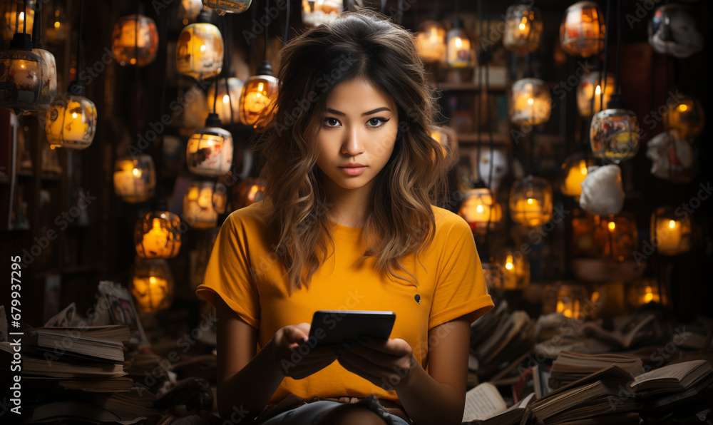 Girl holding mobile phone on background full of lanterns