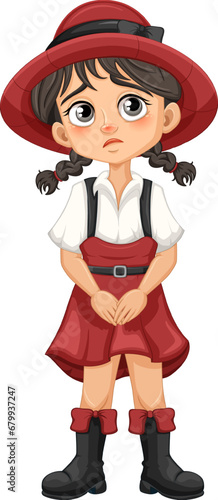 Cute Girl with Sad Expression in Cartoon Style