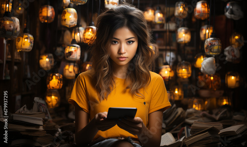 Girl holding mobile phone on background full of lanterns