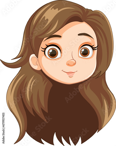 Beautiful Cartoon Girl with Long Brown Hair