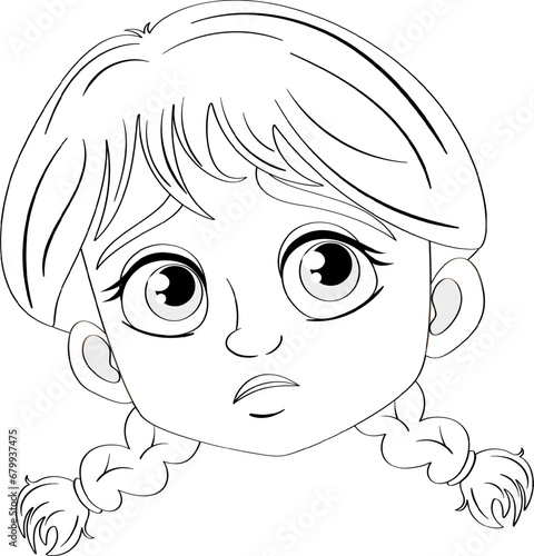 Sad Girl with Braids: Coloring Page Outline
