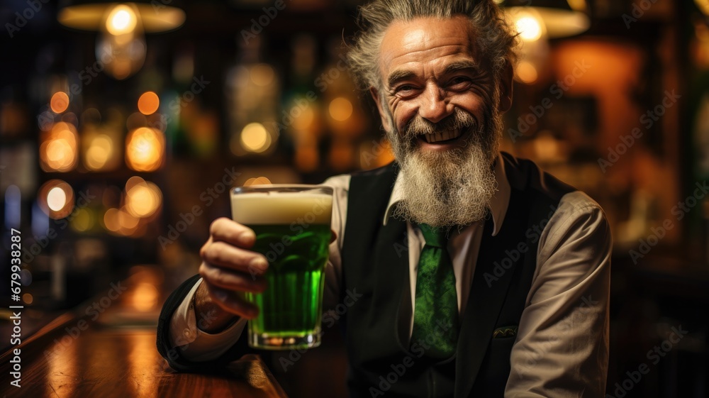 A man in a green blazer, toasting with a pint of beer in a bustling city bar decorated for St. Patrick's Day, in urban A man in a green blazer, toasting with a pint of beer in a bustling city bar decorated for St. Patrick's Day, in urban