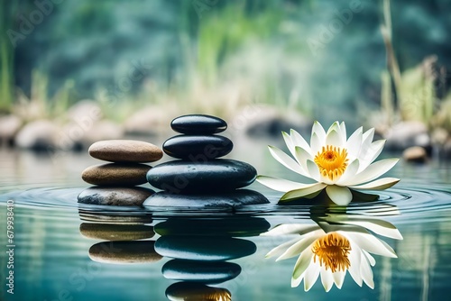  Beautiful lotus flower and stack of stones on water surface.