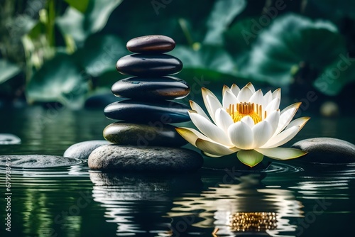  Beautiful lotus flower and stack of stones on water surface.