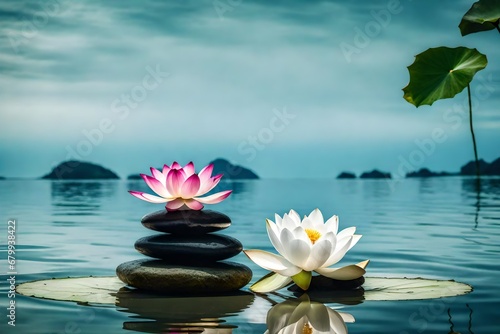  Beautiful lotus flower and stack of stones on water surface.