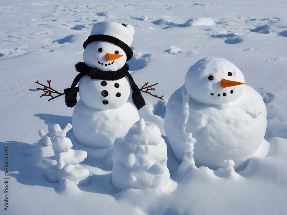 A snowman stands in a winter Christmas scene surrounded by snow and Christmas trees A snowman stands in a winter Christmas scene surrounded by snow and Christmas trees
