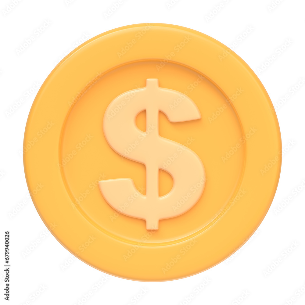 Golden coin with dollar sign isolated on white background. 3D icon, sign and symbol. Cartoon minimal style. Front view. 3D Render Illustration Golden coin with dollar sign isolated on white background. 3D icon, sign and symbol. Cartoon minimal style. Front view. 3D Render Illustration