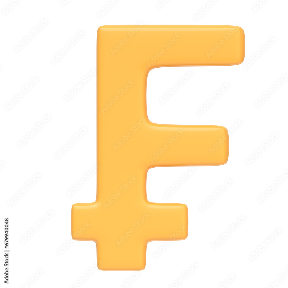 Franc sign isolated on white background. 3D icon, sign and symbol. Cartoon minimal style. Front view. 3D Render Illustration Franc sign isolated on white background. 3D icon, sign and symbol. Cartoon minimal style. Front view. 3D Render Illustration