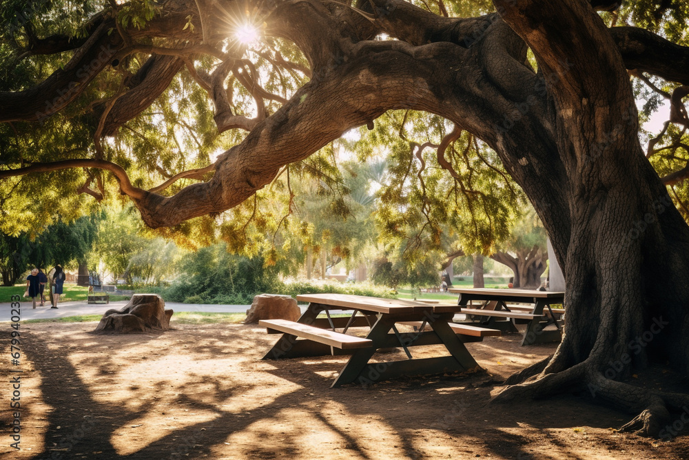 Wood table for family picnic under big tree Wood table for family picnic under big tree